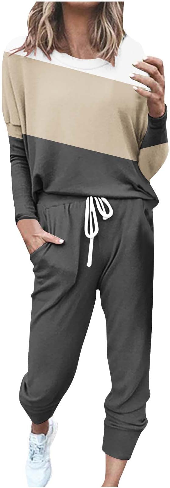 AMhomelyTracksuit Womens Full Set Lounge Wear Sets Sweatsuits Oversized Solid Color Long Sleeve Shirts High Waist Wide Leg Joggers Warm Cosy Soft Nightwear Holiday Dailywear