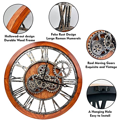 The B-Style Large Wall Clock 24 Inch Moving Gear Wall Clock Oversized Vintage Farmhouse Wall Clocks For Living Room Decor Rustic Industrial Wood Clock (Brown And Bronze) #TOP4