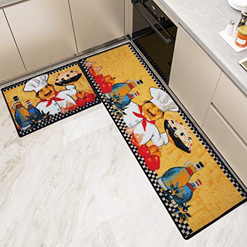 Kitchen Rugs and Mats Non Skid Washable Set 2 PCS, Water Absorb Microfiber Standing Kitchen Area Decor Mats and Rugs Rubber Backing Soft Carpet Doormat Runner for Home Floor, Noodle Chef