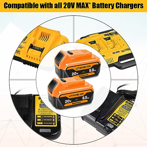 BatPower 2 Pack 20V Max 6.5Ah Lithium Ion Battery Replacement for Dewalt 20V Max 5.0Ah Battery DCB205-2 Compatible with Dewalt DCD/DCF/DCG/DCS tools 20v Max XR Battery 5.0Ah 4.0Ah 3.0Ah