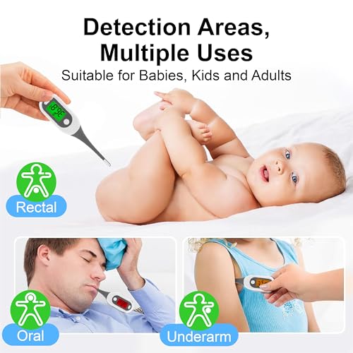 Image of 2 Pack Digital Thermometer for Adults Kids Babies,Measures in 16 Seconds with Flexible tip and Fever Alarm, Accurate Oral Rectal Underarm Thermometer with 3 Colors Back Light
