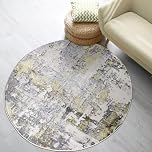 renoazul® Soft Pile Round Rug With Jute Backing, Abstract - 120 x 120 cm - Ochre Rug, Washable Carpet for Bedroom, Dining, Office and Kids Room