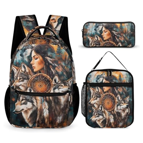 Dreamcatchers Native Woman Wolf Printed Backpack with Lunch Box Bag Pencil Case Pouch 3pcs Daypack Set for Women Men