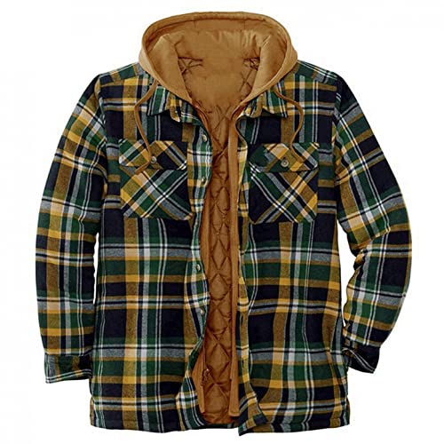 Mens Warm Hooded Flannel Shirt Padded Jackets Zip Up Heavyweight Thermal Lined Button Down Jackets Outwear Coats Tops Hoodies