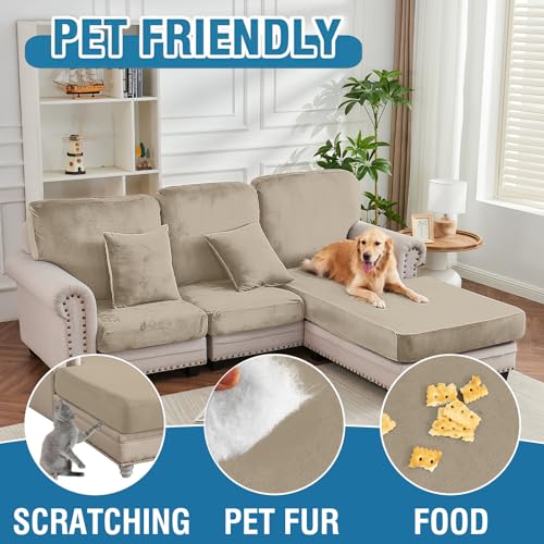 Image of Stretch Silver Fox Velvet Sectional Couch Covers - 3-Piece Sofa Cushion Covers for Left /Right L-Shaped Chaise, Soft and Comfortable Slipcovers for Sectional Sofa(2Seater+1Chaise,Leather Brown)