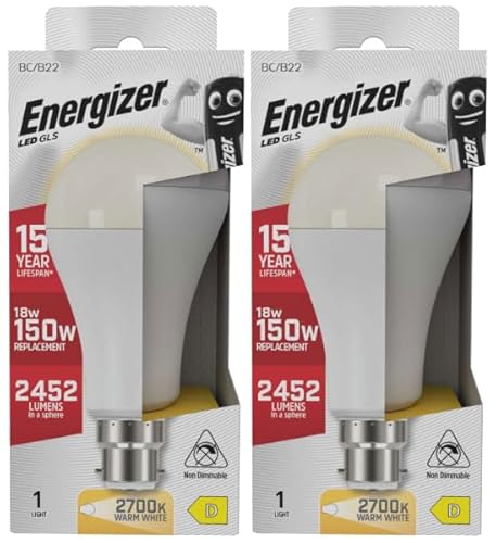 Energizer B22 Bayonet LED Bulb 150W, Warm White, 150 Watts Equivalent, 2700K-3000K 18W BC GLS, Light Bulbs, Energy Saving, 2452 Lumen, Non-Dimmable, Extra Bright, Pack of 2