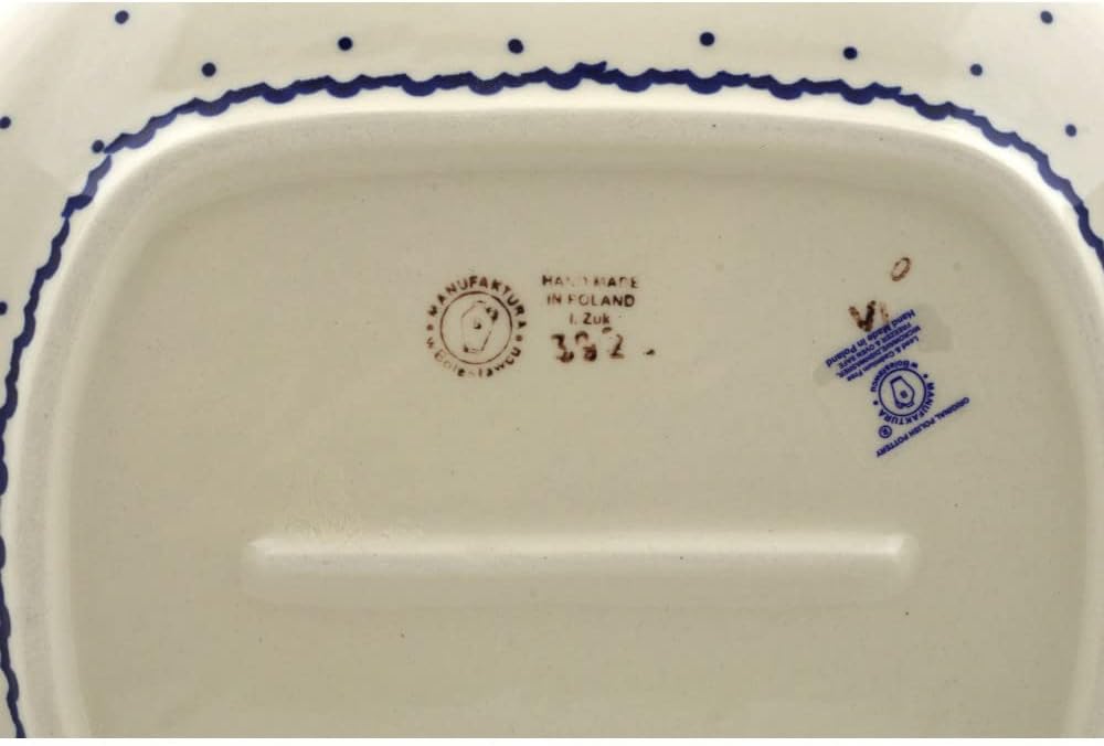 Polmedia Polish Pottery Basket with Handle - Orange And Blue Flower Pattern Handmade in Boleslawiec Poland + Certificate of Authenticity