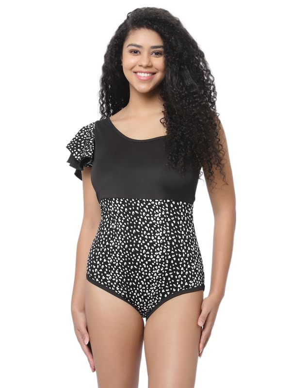 Padded Shoulder Frill Black Printed Swimwear-image-40