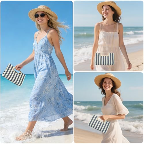 Image of Women's Straw Raffia Clutch Purse, Top Handle Woven Handbag with Crossbody Strap, Summer Beach Shoulder Bag