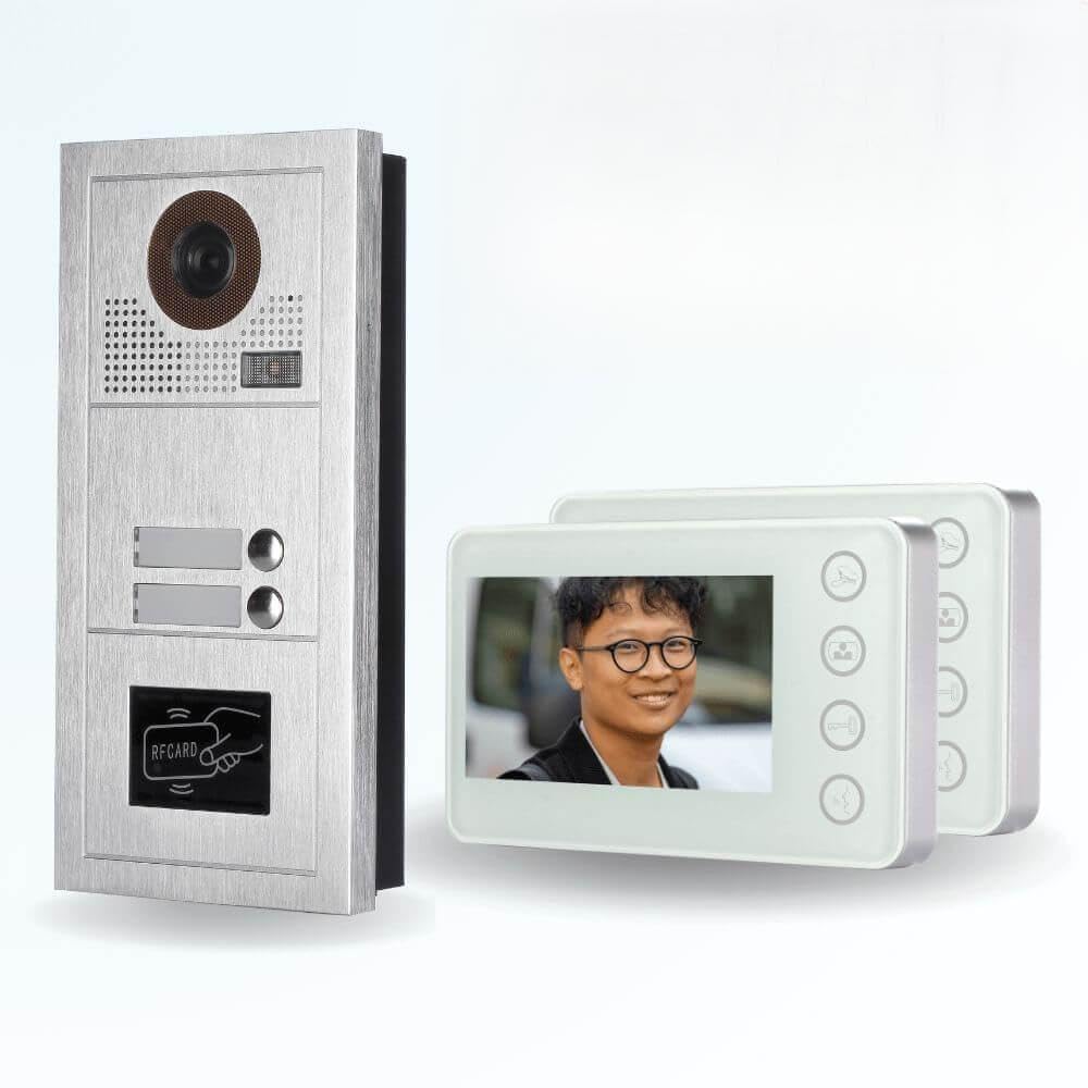 Portier interphone vidéo Modern 2 Fils - 2 Appartements - 2 écrans Blancs - avec Lecteur de Badge