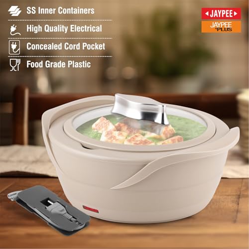Image of Jaypee Plus Power Serve Inner Stainless Steel Electric Casserole with Glass Lid, 1500 ml, Removable Steel Bowl for Easy Cleaning |Food Grade Serving Set |Ideal for Serving Warm Dish, Beige