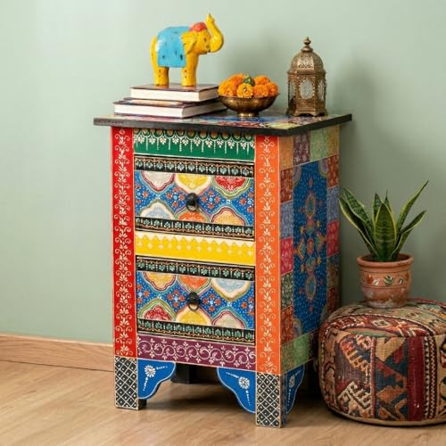 Image of Wooden Bedside Table for Bedroom with Drawer | Solid Wood Nightstand, Hand Painted Bed Side Table | Medium Size Storage Cabinet for Living Room, Multicolour-BS2