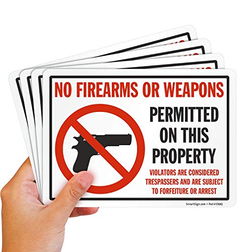 SmartSign (Pack of 4) No Firearms Or Weapons Permitted On This Property Stickers 5"x7" 5 mil Laminated Polyester Labels with SuperStick Adhesive, Red, Black and White