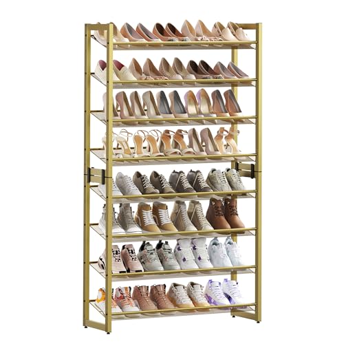 SONGMICS Shoe Rack, 8-Tier Shoe Organizer, Metal Rack for Garage, Set of 2, 4-Tier Stackable Shelf, with Adjustable Flat or Angled Shelves, 32-40 Pairs, Pale Gold ULMR08A02 8 Tiers (36.4"W) 