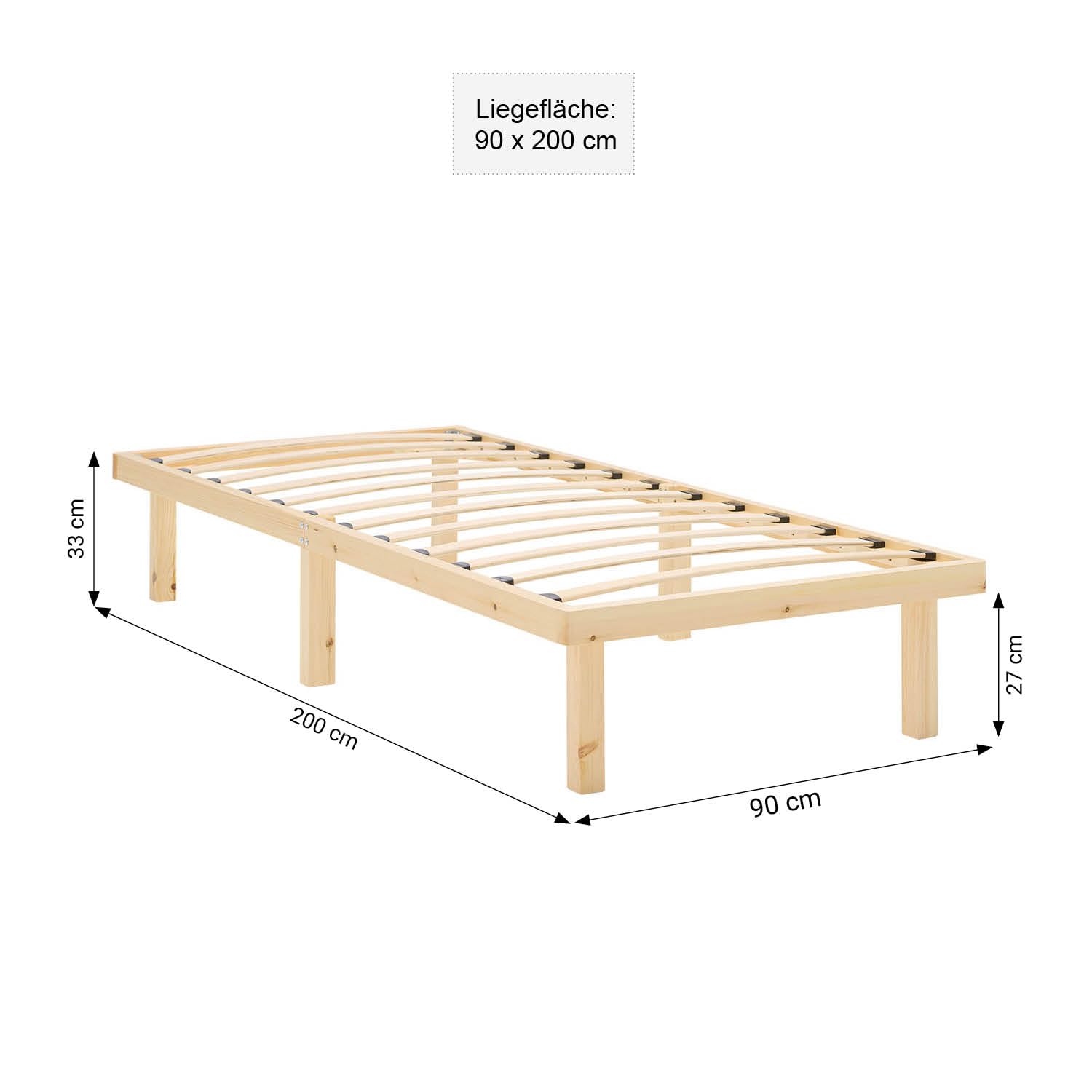 Homestyle4u Palettenbett 90x200 Kiefer Massivholz mit Lattenrost | Einzelbett aus unbehandeltem Kiefernholz – inkl. Lattenrost, Höhe 33 cm, geeignet für Jugendzimmer & Gästezimmer