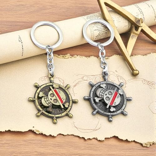 Image of One Piece Anima Manga Pirate Flag Logo Wheel Rotating Heavy Metal Keychain,|Anime Key ring| Perfect Keychain For Anime Lover|car Bikes Gold & Grey Combo pack