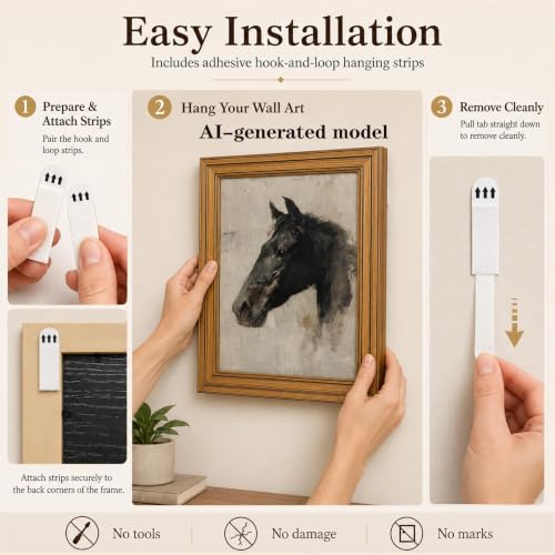 Image of NALEPS Vintage Gold Framed Black Horse Wall Art, Moody Animal Portrait Canvas Painting Picture, Antique Equestrian Decor for Office, Living Room, Bedroom, Damage-Free Ready to Hang, 12x16 in