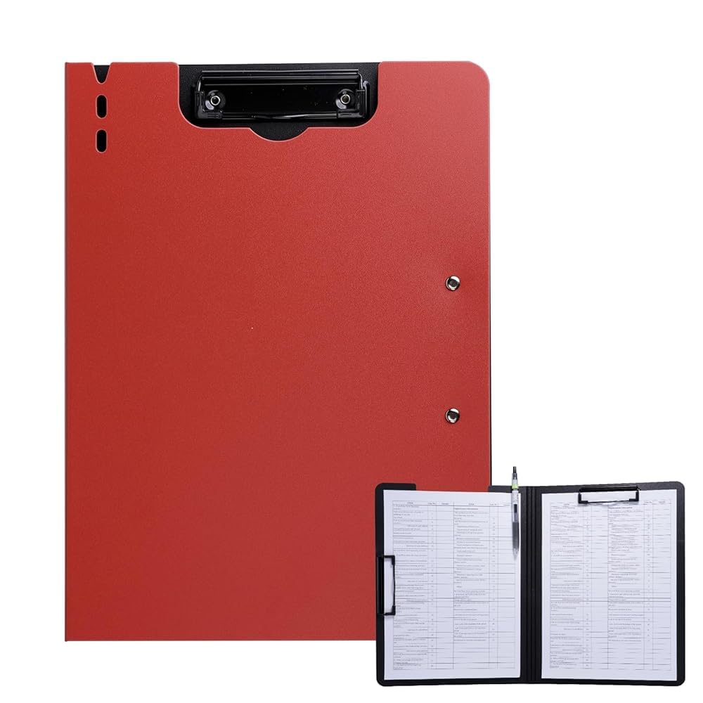 FRETONBA Clipboard Folder, A4 Foldable Clipboard with Horizontal and Vertical Double Metal Clips, 360 Degree Foldable Binder Clipboard with Pen Holder, File Cover Work Folder Clipboards, Red