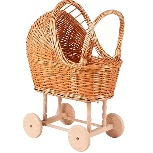 Woven Rattan Stroller Shaped Flower Basket, Vintage Wicker Baby Carriage Planter for Floral Arrangements, Baby Shower Wedding Party Decor, Photography...
