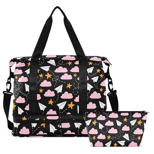 Paperplane Star Black Travel Duffel Bag for Women Men Gym Bag with Shoe Compartment Wet Pocket Carry On Weekender Overnight Bags for Travel Weekend Getaway