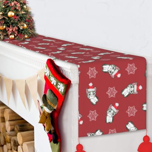 Chemin de table antidérapant chat de Noël avec pompons pour repas festifs