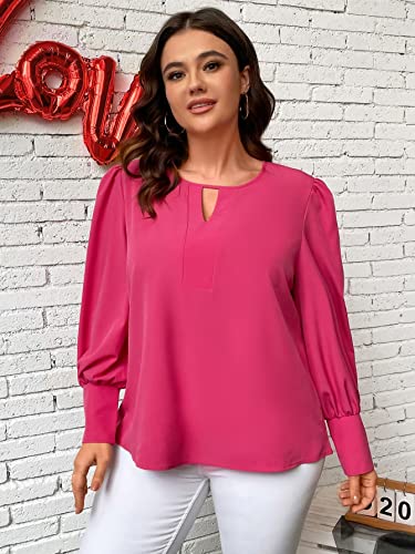 top feminino tamanho grande Plus Keyhole Neckline Puff Sleeve Blouse (Color : Hot Pink, Size : 4XL)