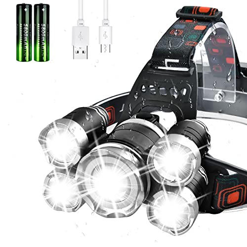Clearance! Headlamp USB Rechargeable Head Lamp Ultra Bright 5 LED 1200 Lumen Headlight 4 Modes Work Light IPX4 Waterproof Headlamps for Adults Camping Outdoors Hard Hat Work Zoomable Headlamp(Sliver)