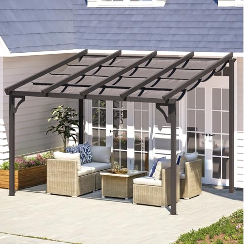 AECOJOY 10\' x 8\' Gazebo for Patio, Retractable Pergola with Adjustable Sun Shade Canopy Roof, Small Wall-Mounted Lean to Outdoor Pergolas and Gazebos Clearance, Metal Awnings for Decks, Patio