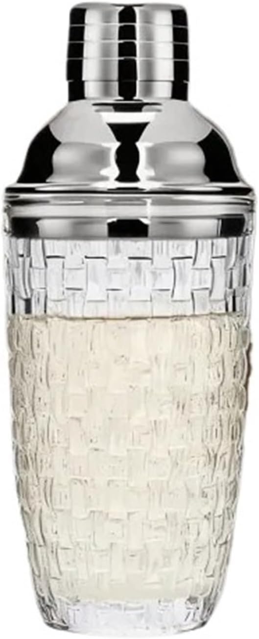 Glass Cocktail Shaker with Woven Texture – Stainless Steel Lid and Built-in Strainer for Drink Mixing