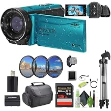 Minolta MN4K300WP 4K Ultra HD / 56 MP Waterproof Video Camcorder Blue Bundle with 128GB Memory Card + Camera Tripod + More Accessories