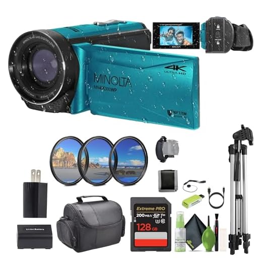 Minolta MN4K300WP 4K Ultra HD / 56 MP Waterproof Video Camcorder (Blue) Bundle with 128GB Memory Card + Camera Tripod + More Accessories