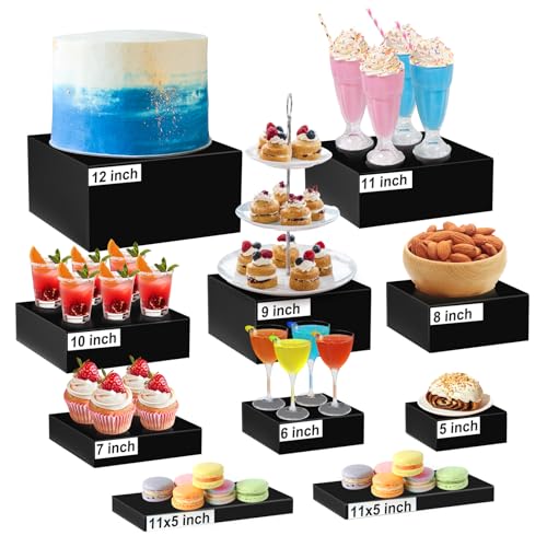 12'' Large Buffet Risers, Food Risers for Buffet Table, Acrylic Black Cube Box with Hollow Bottoms, Display Stand for Dessert Stand Shelf Nesting for Jewelry Show Catering(12