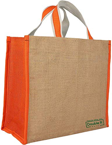 Image of DOUBLE R BAGS Big Heavy Duty Eco Reusable Jute Cloth Shopping Bag with 6 Pockets & Reinforced Handles | Grocery, Milk, Fruits & Vegetable Carry Organizer Tote | Orange, 45x17x35 cm, 1 Compartment
