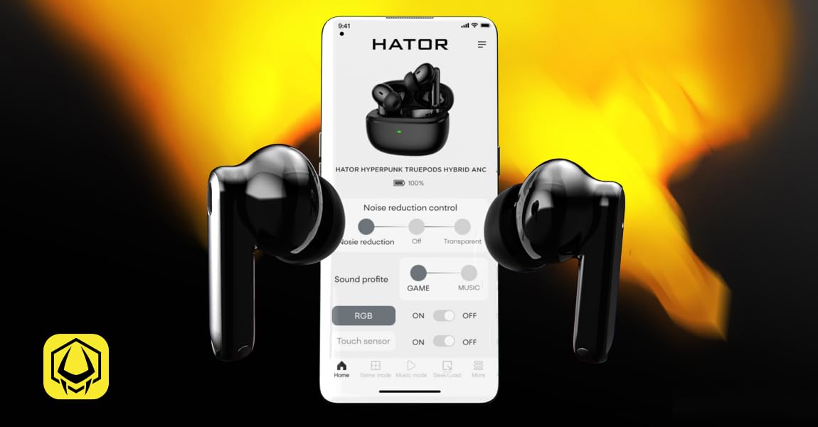 HATOR Hyperpunk Truepods Hybrid ANC - Cuffie in-ear Bluetooth 5.4 con Hybrid Active Noise Cancelling, batteria 25h, modalità di trasparenza, bassa latenza 40ms, IPX4, controllo touch, nero