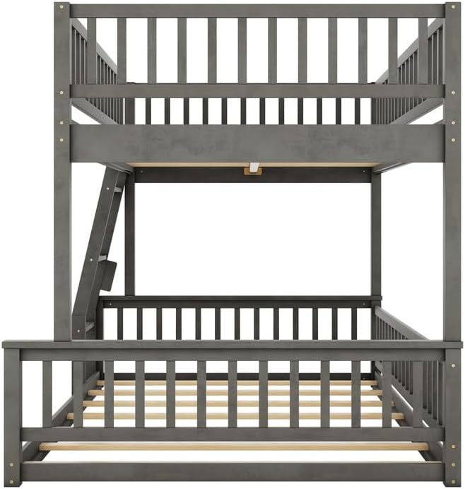 Full XL Over Queen Bunk Bed, Modern Pine Wood Floor Bunk Bed Frame, Convertible to 2 Separated Platform Beds with Ladder & Guardrail, Wood Slat Support, Easy Assembly, Grey