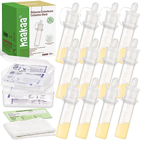 Image of haakaa Silicone Colostrum Collector Set Ready-to-Use Silicone Colostrum Collector Reusable to Collect, Feed & Store, with 2 Clear Storage Cases & 2 White Cotton Wipe (0.1oz/4ml, 12 PK)
