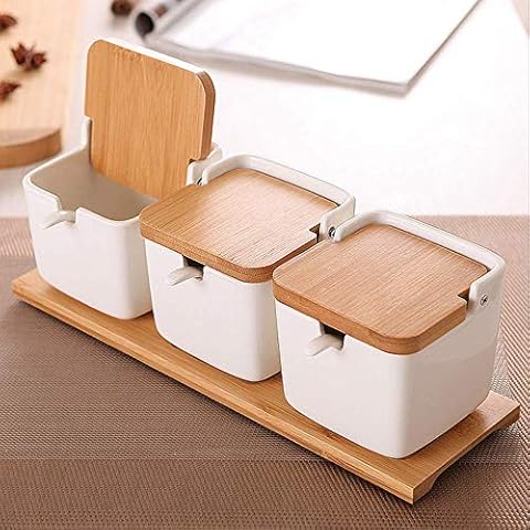 Spice Jar Seasoning Jar Set Seasoning Jar Storage 3Pc Kitchen Condiment Can Porcelain Sugar Salt Storage Pepper Can Container Cap Spoon Box Ceramic Bamboo Cover Condiment Rack Cover