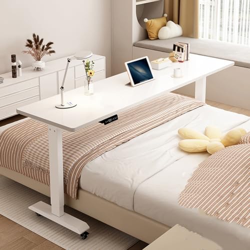 Adjustable Over Bed Table with Wheels, Mobile Laptop Cart for Work & Study, Height 75-103cm, King Size Overbed Table, Rolling Workstation (Brown)