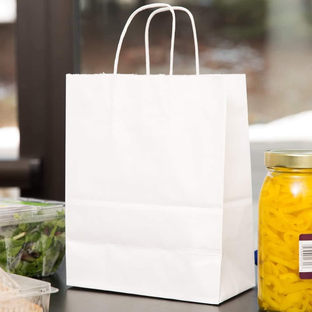 White Kraft Paper Gift Bags with Handles Bulk 200 Bags [ 2 box of 100] 10 X 5 X 13 Ideal for Shopping, Packaging, Retail, Party, Craft, Gifts, Wedding, Recycled, Business, Goody and Merchandise Bag