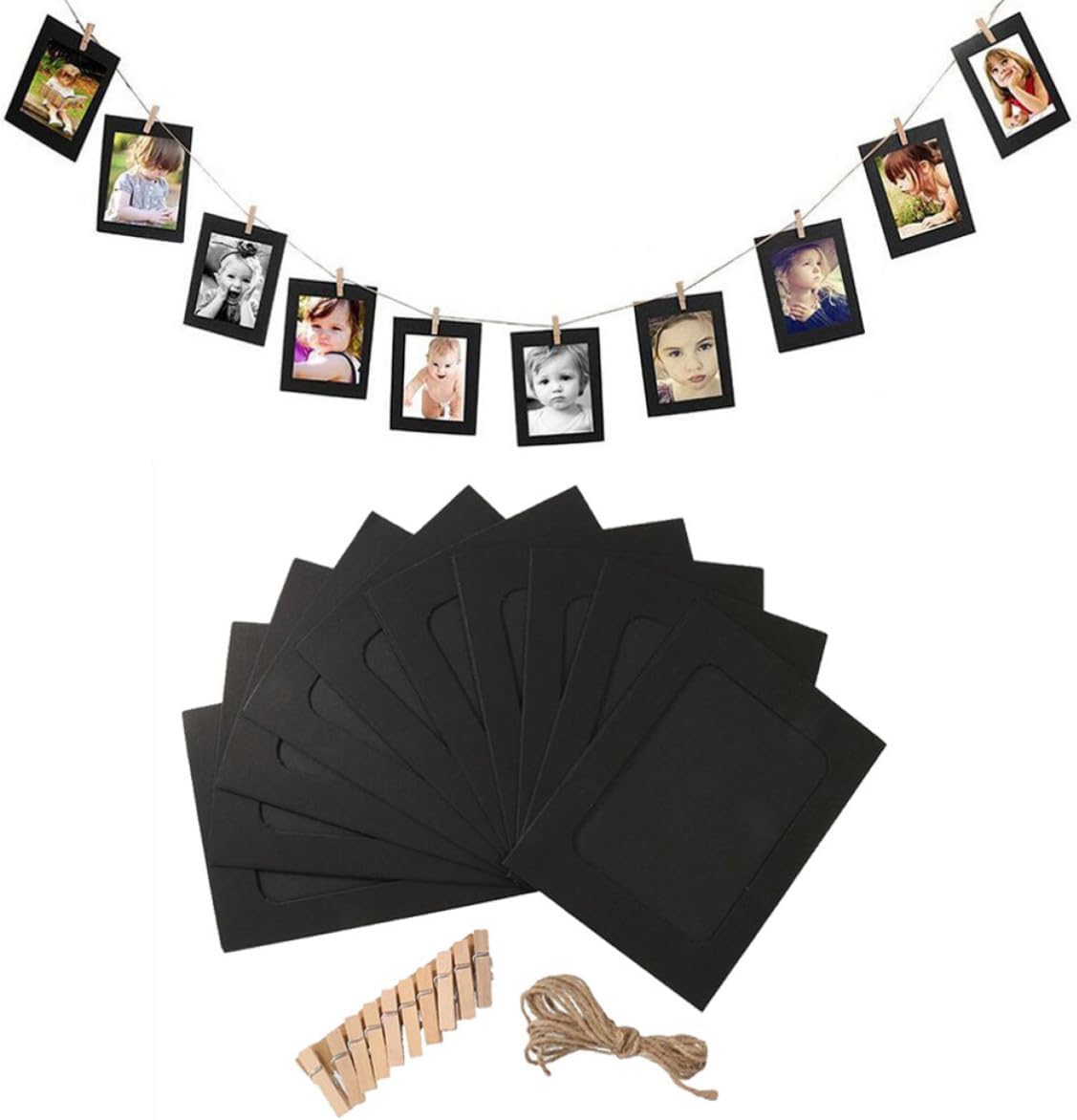 jojofuny 20pcs Retro Paper Photo Frame Black 5 Inch with String and Clips