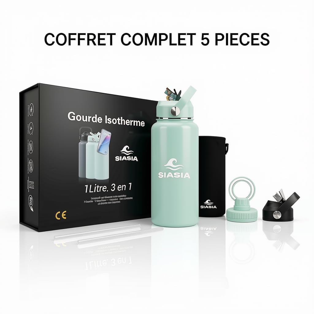 SIASIA Coffret Gourde Isotherme 1L Inox Sans BPA Support Magnétique Bleue Ciel