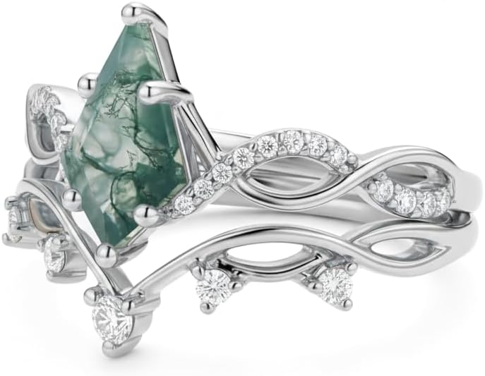 1 Carat Natural Moss Agate Engagement Ring Set for Women Unique Kite Cut Ring Bridal Set 925 Sterling Silver Rings with 18K White Gold Plated