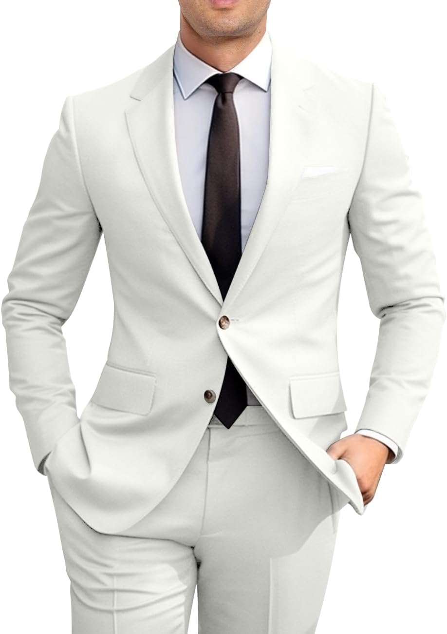 Men's Slim Fit 2 Piece Suit, Two Button Solid Suit Jacket Pants Set, Wedding Prom Suit