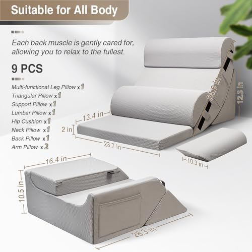 9PCS Orthopedic Bed Wedge Pillow Set for After Surgery Recovery, Body Positioners for Back and Leg Pain Relief, Adjustable Memory Foam Comfort for Sitting up in Bed, Ideal for Adult Acid Reflux & GERD