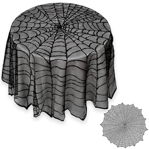 Spiderweb Lace Halloween Tablecloth - 51" Round Black Table Cover for Indoor Decor & Parties