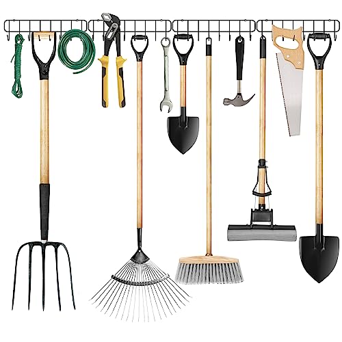 Crenze Portautensili da giardino, 4 in 1 per attrezzi da giardinaggio, supporto da parete per garage con ganci resistenti, scale, corde, pale, razzi, tubi flessibili per casa, cucina, giardino, garage