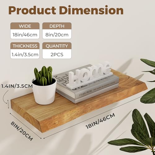 Image of 18 inch Floating Shelves for Wall Live Edge, Natural, 2PCs | 8'' D Rustic Solid Elm Wood Floating Shelves Wall Mounted, Wall Shelves, Invisible Bracket, Living Room Bedroom Kitchen