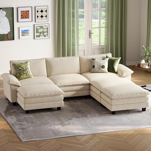 Image of LINSY HOME Modular Sectional Sofa - 123 Inch Oversized Corduroy Cloud Couch with Movable Ottoman Soft Modern Comfy Sofa Set for Living Room Apartment Office, Beige