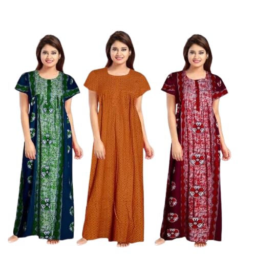 Image of Nighty for Women Cotton Printed Maxi Gown Ankle Length Nighty Night Dress Gown for Women Maxi - (Pack of 3)