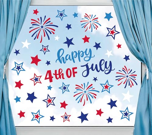 Whaline 9 Sheets 4th of July Window Clings USA Stars Fireworks Window Decals Patriotic Double-Sided Decor for Independence Day Veterans Day Home Office Party Supplies